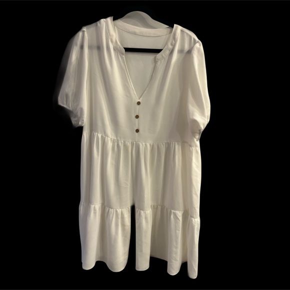 Elegant Flowy White tiered babydoll Button-Down V-neck S/S Dress Size XL - Picture 1 of 6